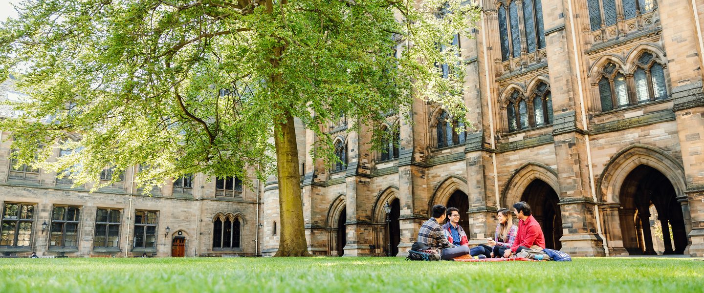 A group of students sitting on grass at campus yard