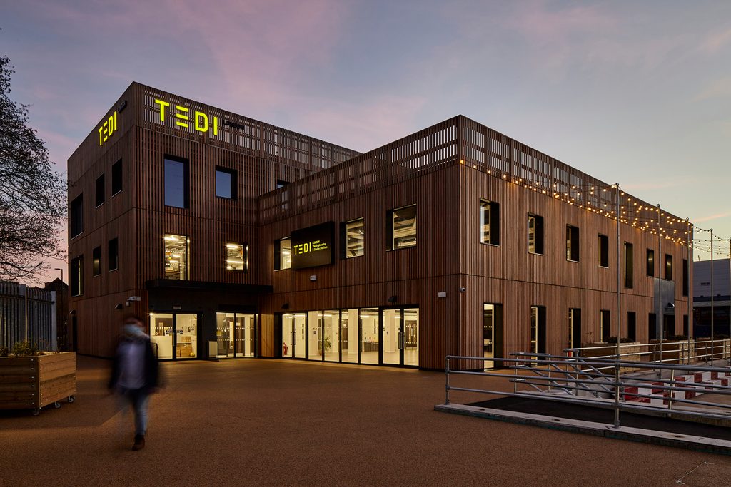 TEDI London campus building at night