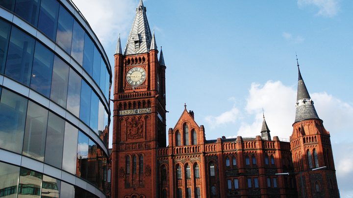 The famous red brick clock in Liverpool