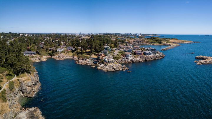 Aerial panoramic landscape view of a beautiful rocky shore on Pacific Coast