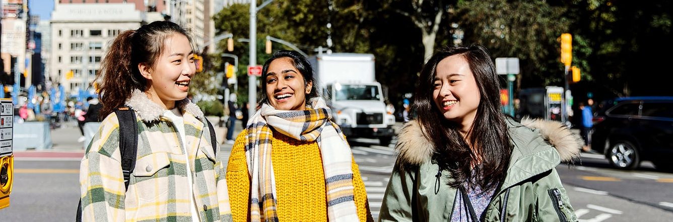 Students walking on a street in USA