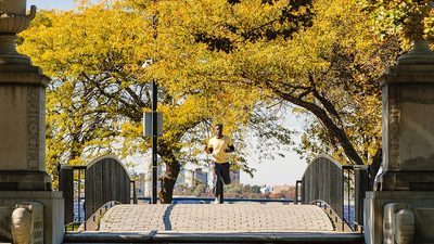 Student running under the trees