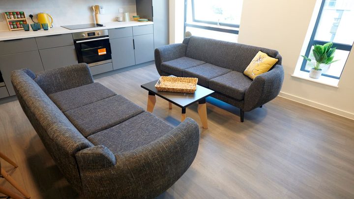 shared kitchen area with sofa