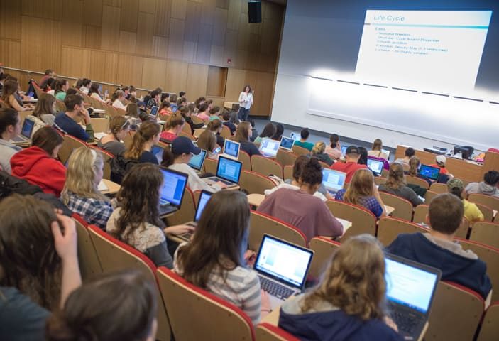 students and teacher in large lecture hall at Oak Hall at Uconn