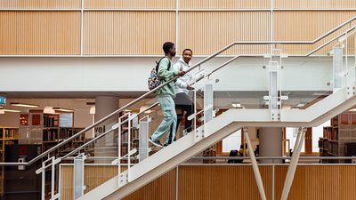 students walking up the staircase