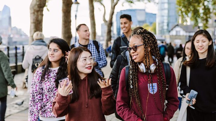 group of students walking in the street