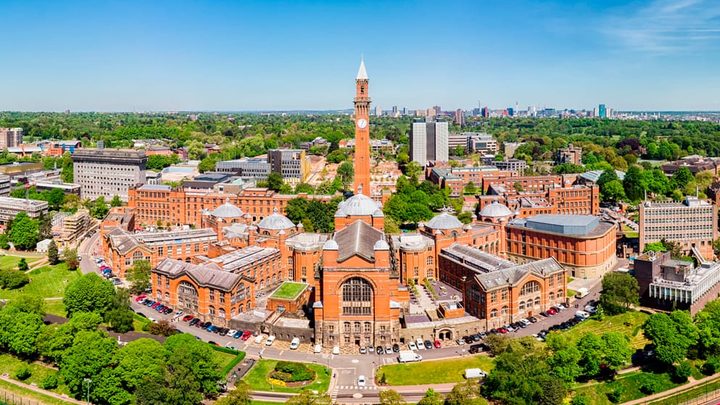 Aerial view of University of Birmingham building