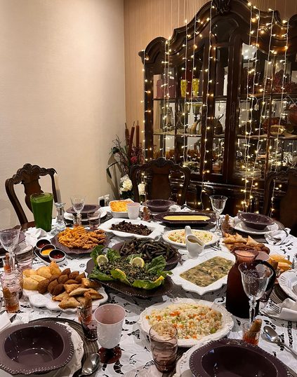 A sumptuous feast on a table to celebrate the end of Ramadan