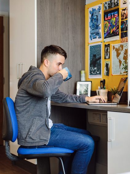 A focused student sitting at a desk, working diligently on a computer.