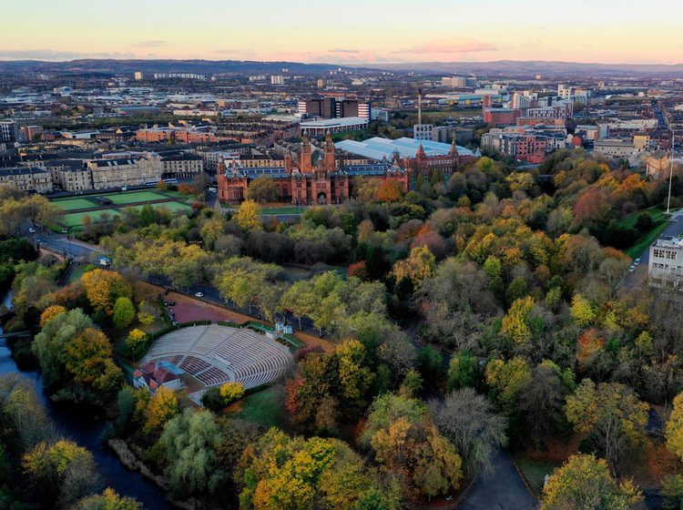 An aerial view of Kelvingrove Park in Glasgow