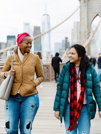 Students walking on a bridge in New York