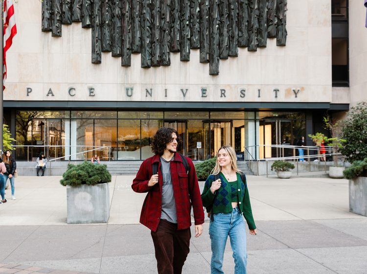 Students in front of Pace University campus building