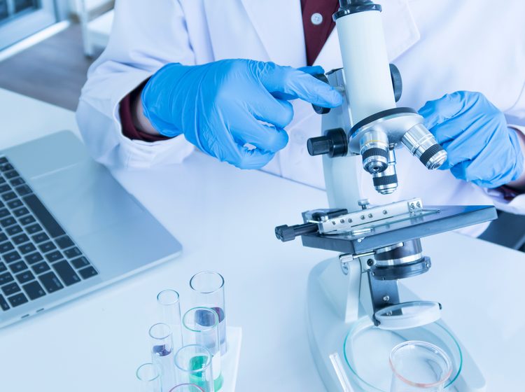 A person in a lab coat looking at a microscope.