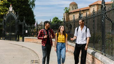 University of Essex students socialising while walking on campus