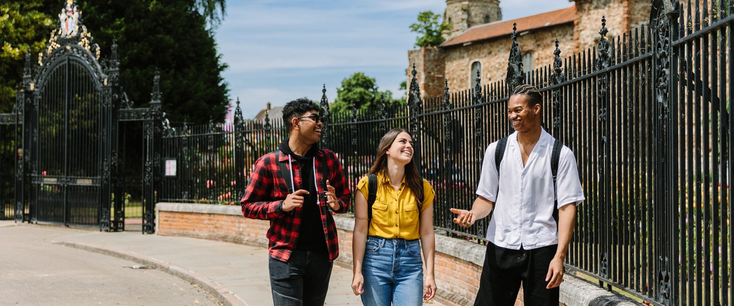 University of Essex students socialising while walking on campus