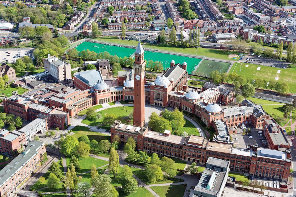 An aerial view of the campus grounds at University of Birmingham