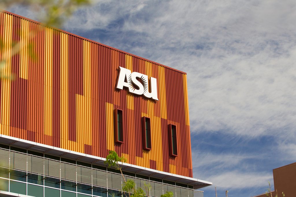 Large 'ASU' letters on Arizona State University campus building