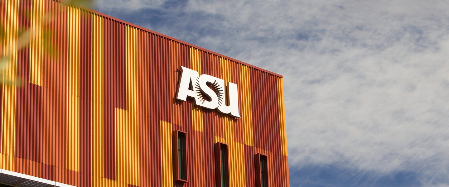 Large 'ASU' letters on Arizona State University campus building