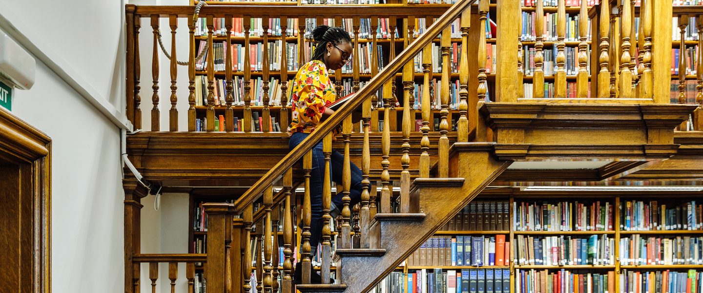 Filled bookshelves at London's largest library