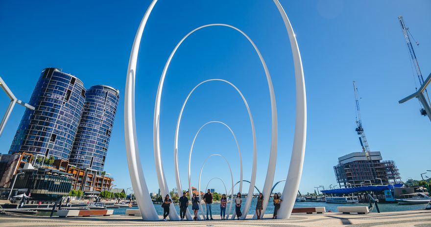 Murdoch University students posing in Elizabeth Quay