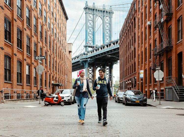 Pace University students walking near Williamsburg bridge
