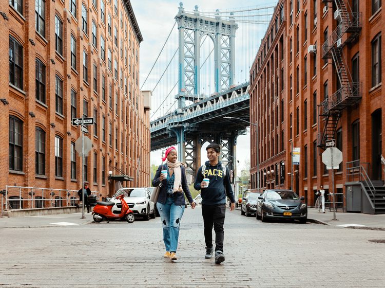 Pace University students walking near Williamsburg bridge