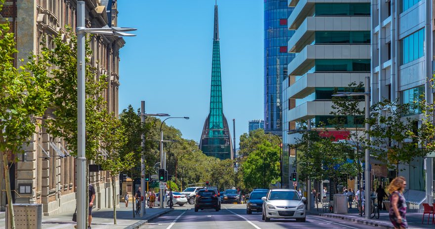 Street view of Perth with the Bell tower in the background