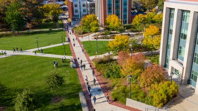 Aerial view of the University of Connecticut's Student Union Mall