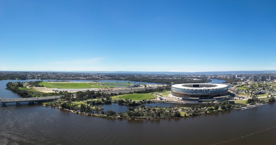 Aerial view of Optus Stadium and Swan River in Perth