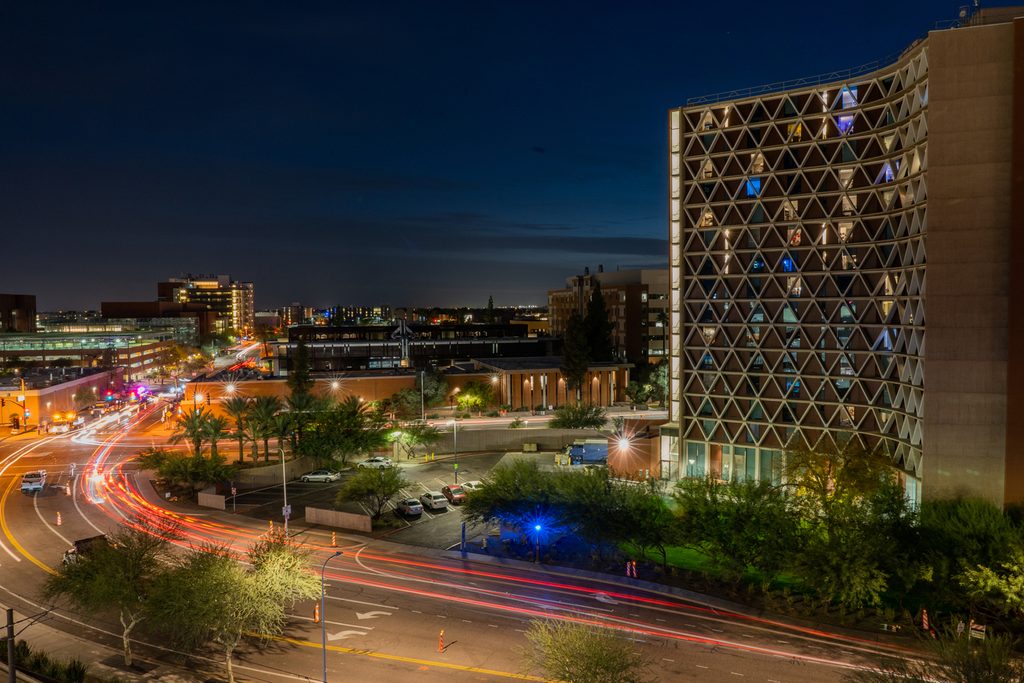 ASU's Manzanita Hall at night