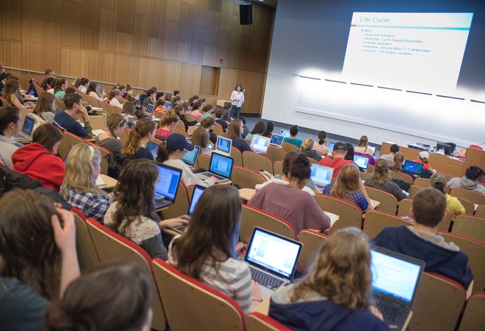 Students in a large lecture theatre at UConn's Oak Hall