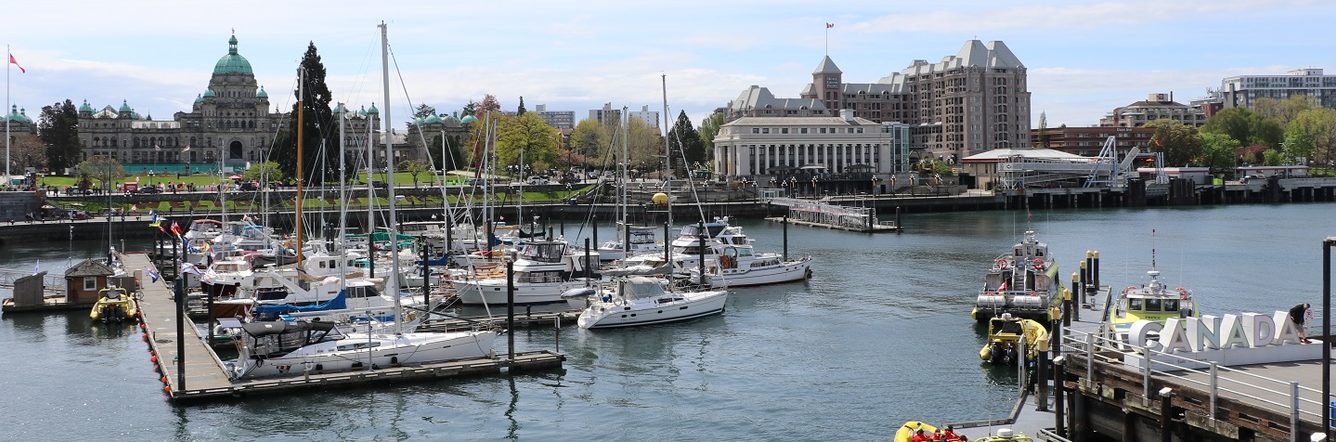 Boats parked in Victoria harbour on a sunny day