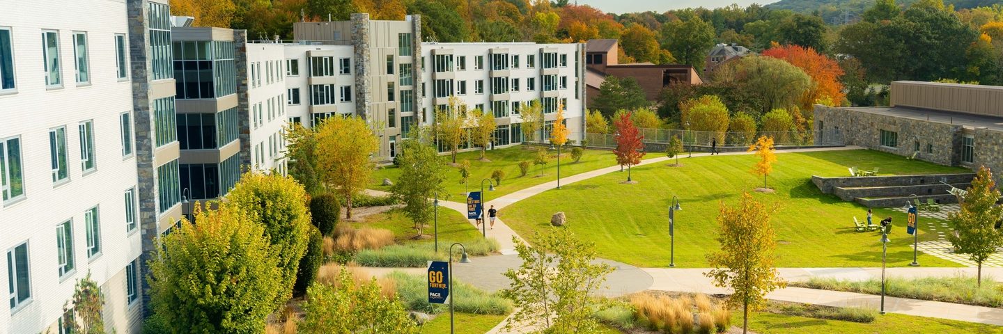 view of Pace University Westchester campus buildings