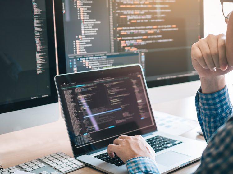 Programmer coding on the laptop