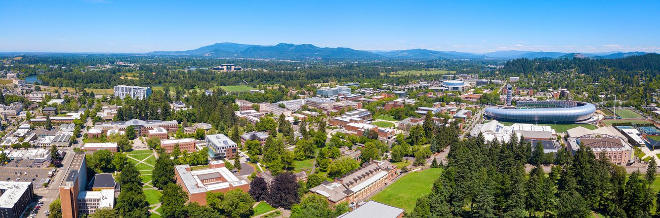 Aerial view of University of Oregon's campus in Eugene