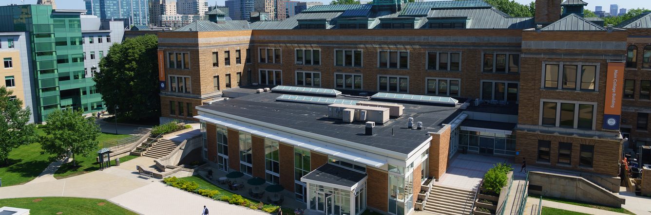 Aerial view of Simmons University campus buildings