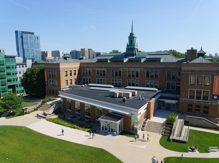 Aerial view of Simmons University campus buildings