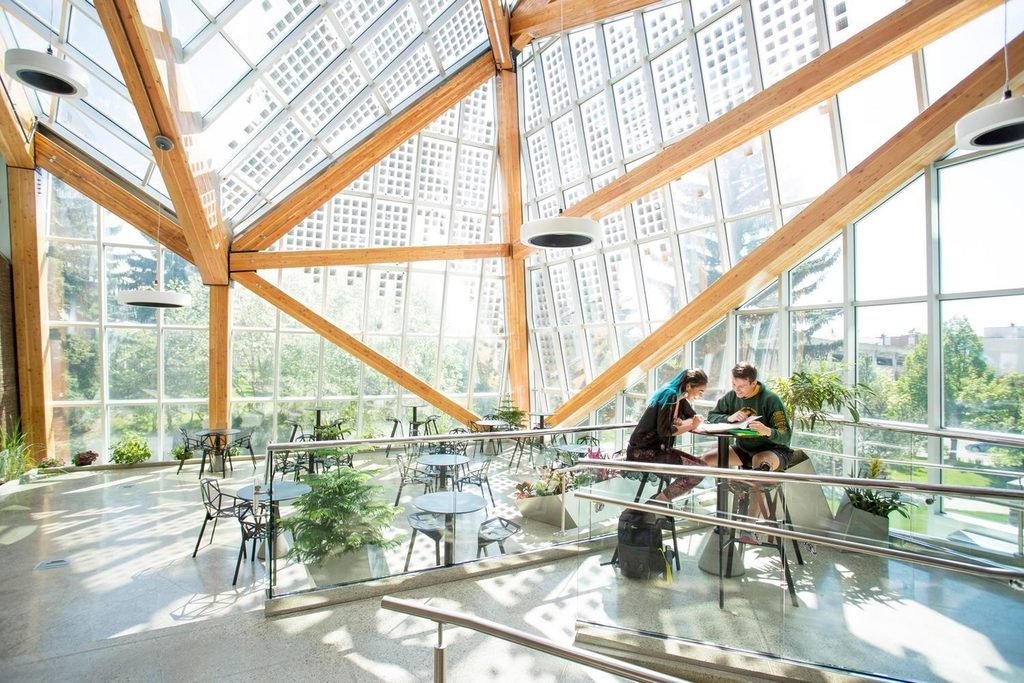 Two students studying in U of A's ALES atrium