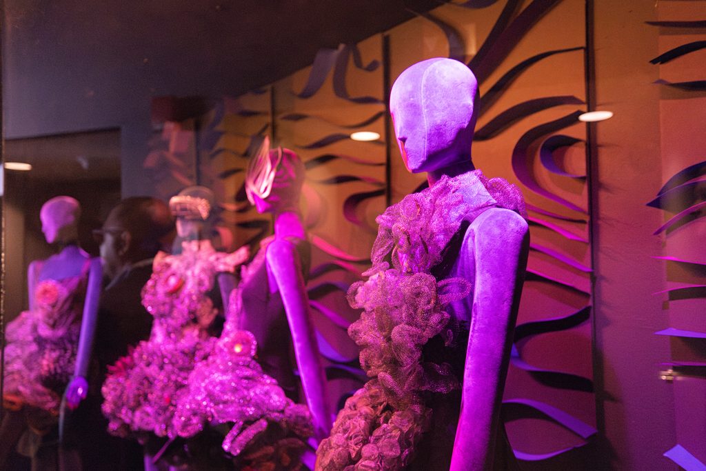 Mannequins at ASU California Center dressed sustainably made of metal scrubbers