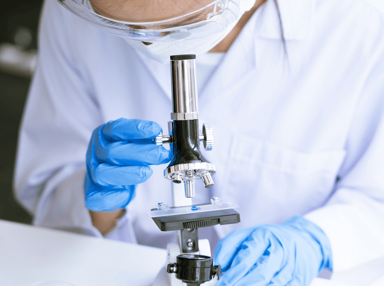 A technician looking at a microscope