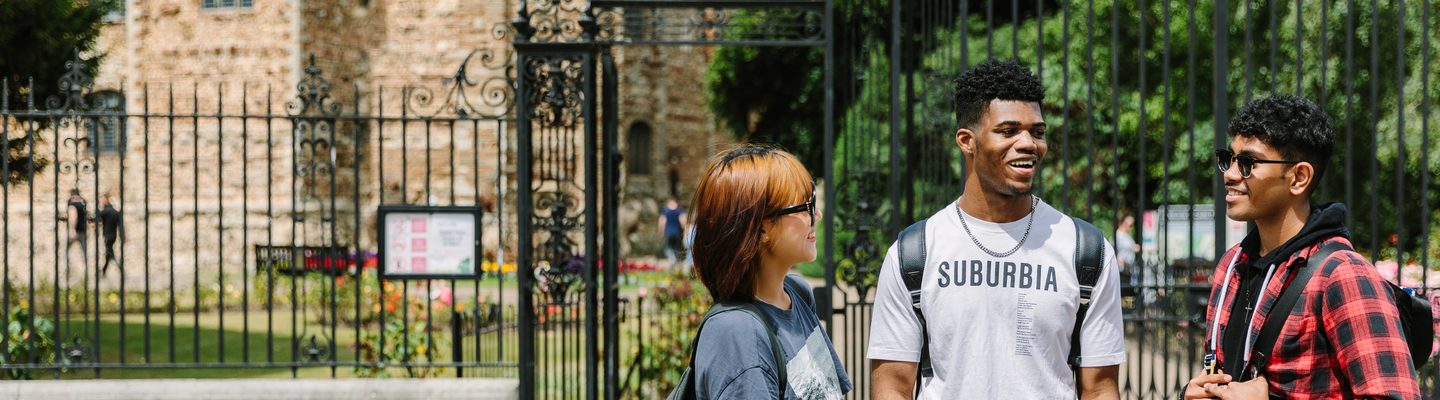 Students chatting in front of the campus