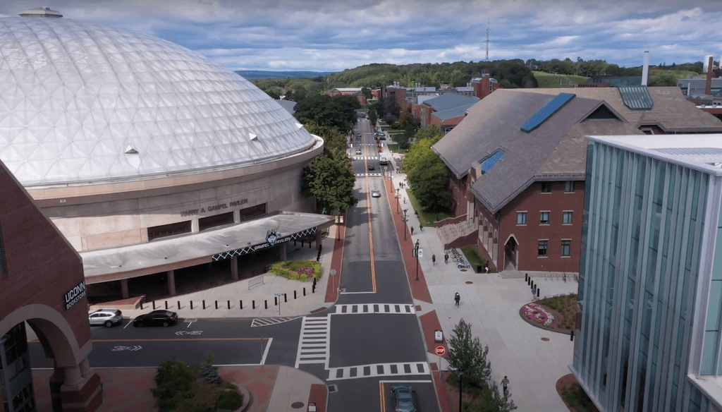 Drone view of UConn's Storrs campus most iconic buildings