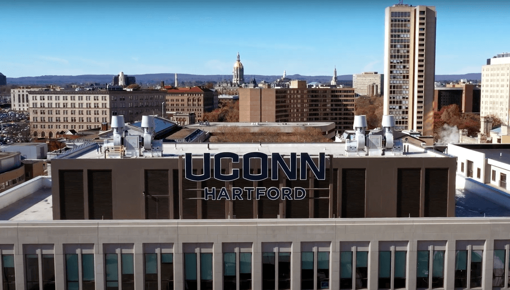 Aerial photography of the UConn Hartford sign at the top of the campus building