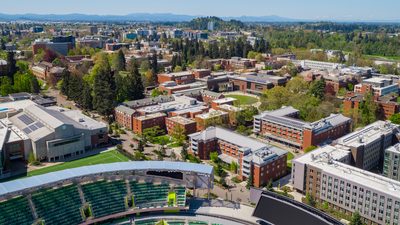 University of Oregon campus aerial view on a sunny day 