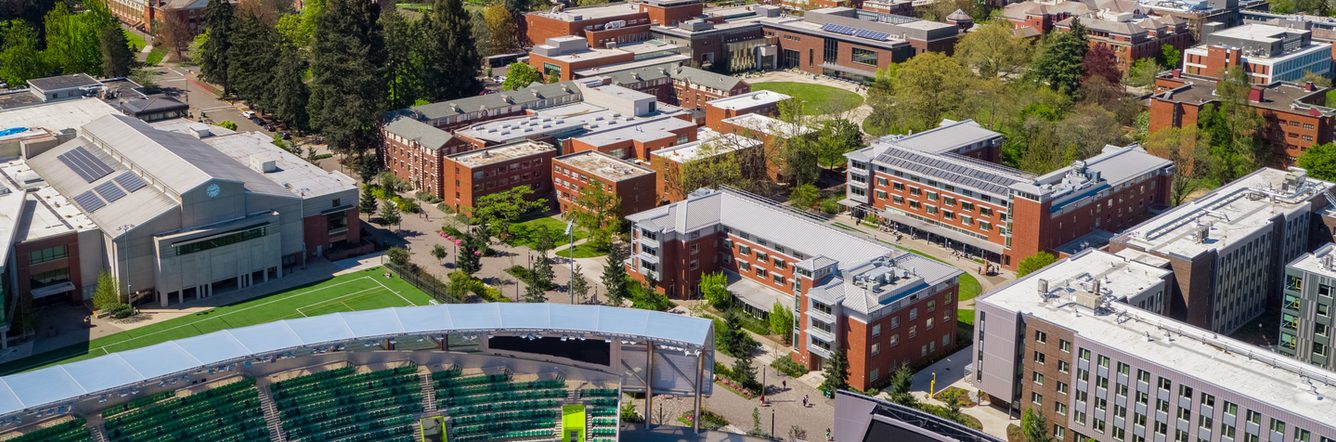 University of Oregon campus aerial view on a sunny day 