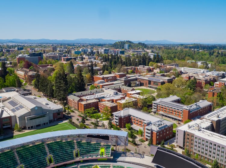 University of Oregon campus aerial view on a sunny day 