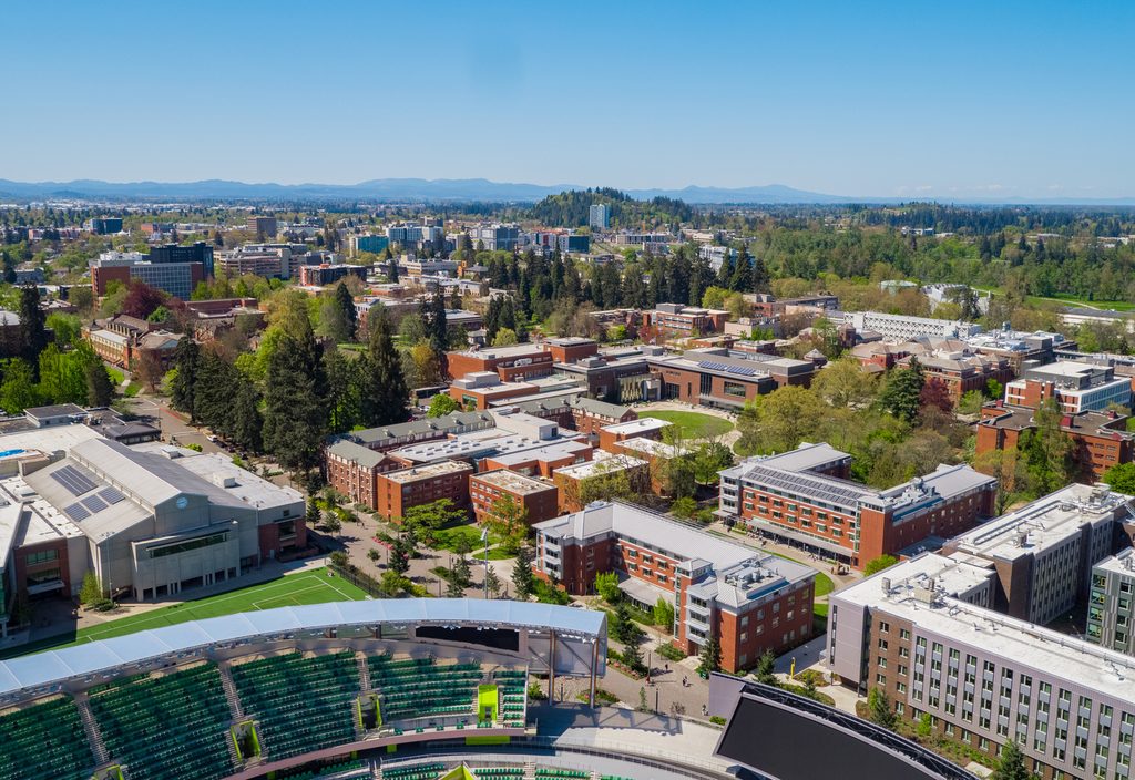 University of Oregon campus aerial view on a sunny day