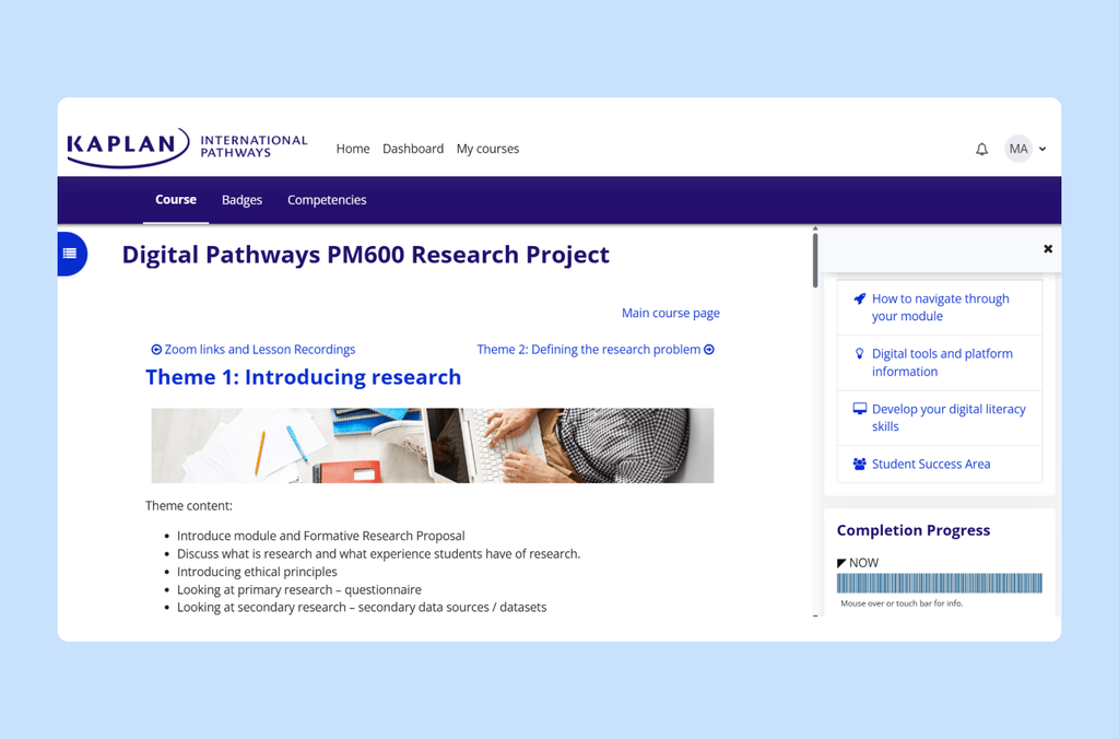 Research intro page of VLE