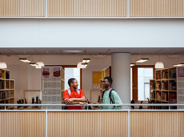 Two students talking in a university library