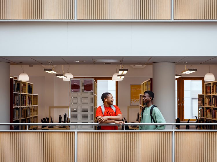 Two students talking in a university library